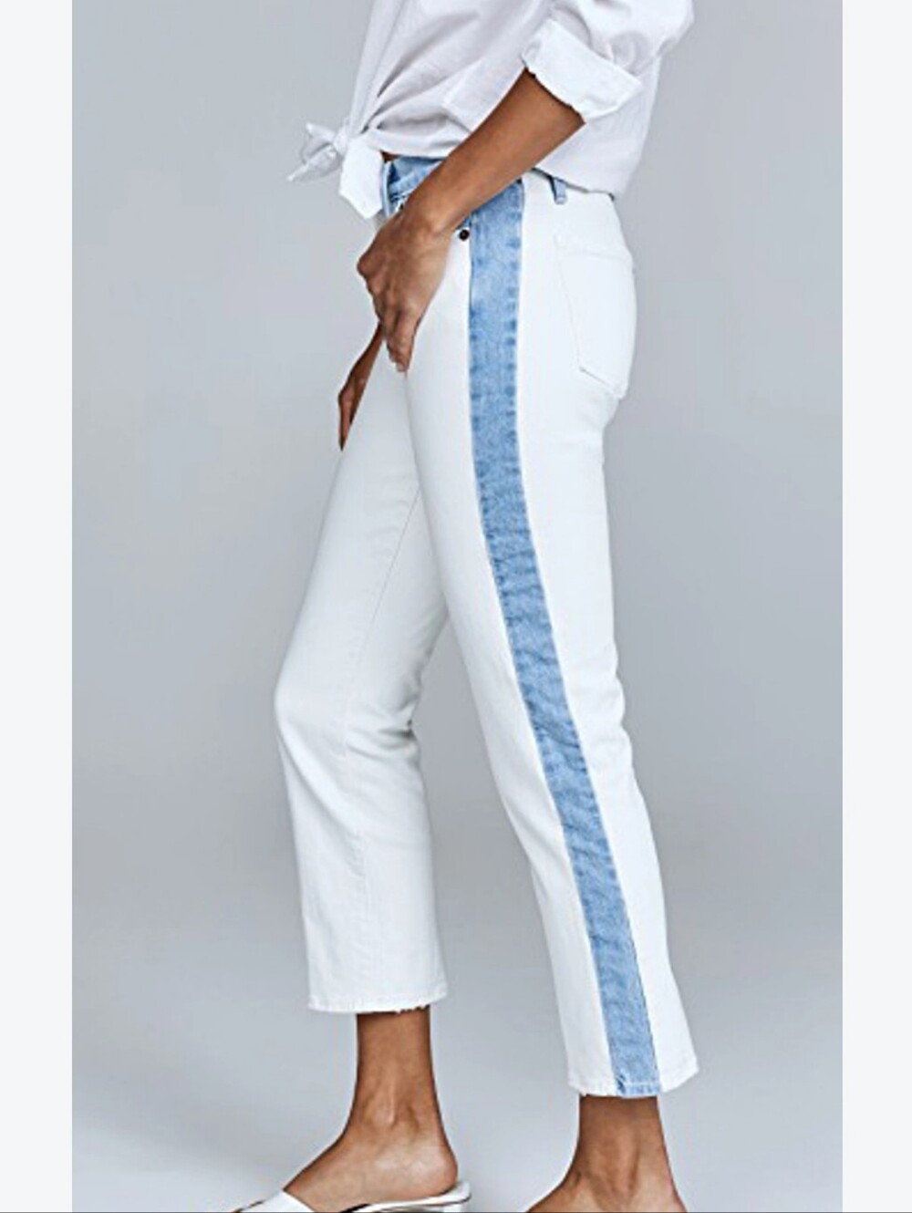 Fram Denim White High-Rise Straight Leg Jeans with Light Blue Side Stripe